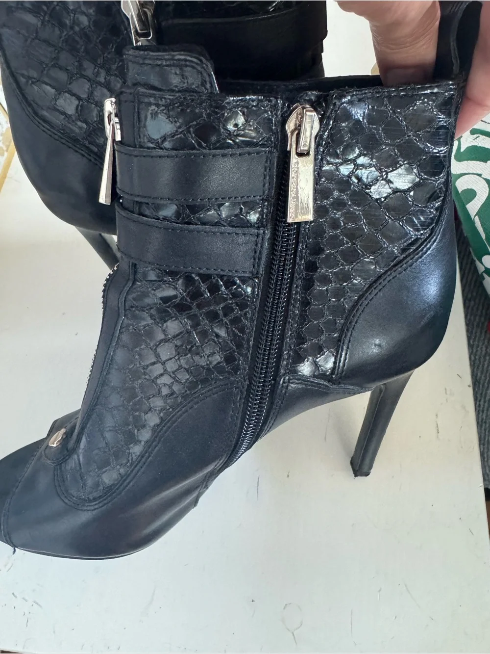 Vince Camuto Kammie Black Peep-Toe Ankle Booties with Front Zipper & Buckles